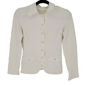 Rayure womens FR 40 US 8 Med white textured stretch button up long sleeve blouse